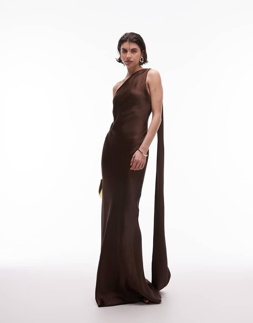 Mango Capsule Satin One Shoulder Maxi Dress in Brown Lyst UK