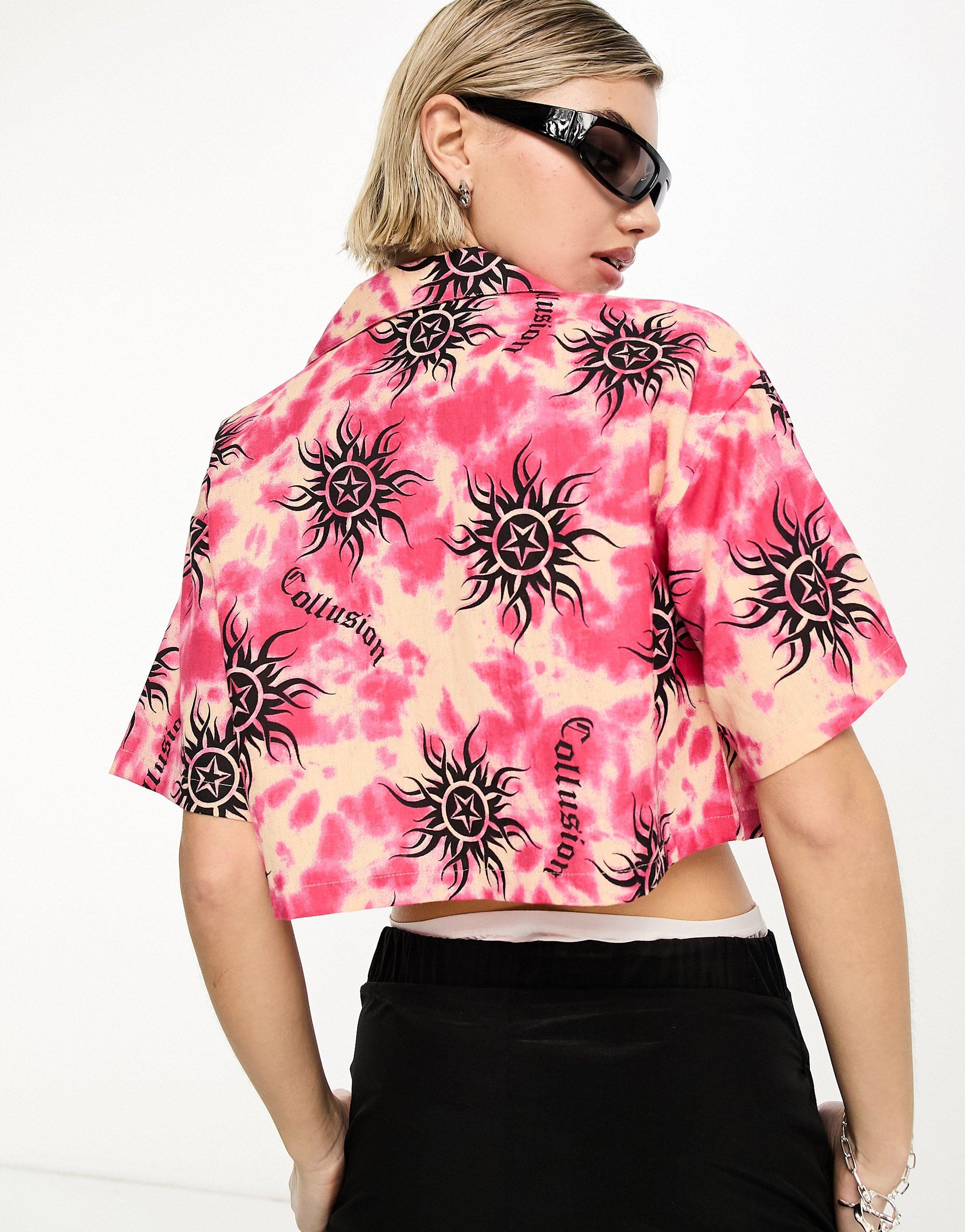 Collusion Tie Dye Sun Print Cropped Revere Shirt Co Ord in Red | Lyst