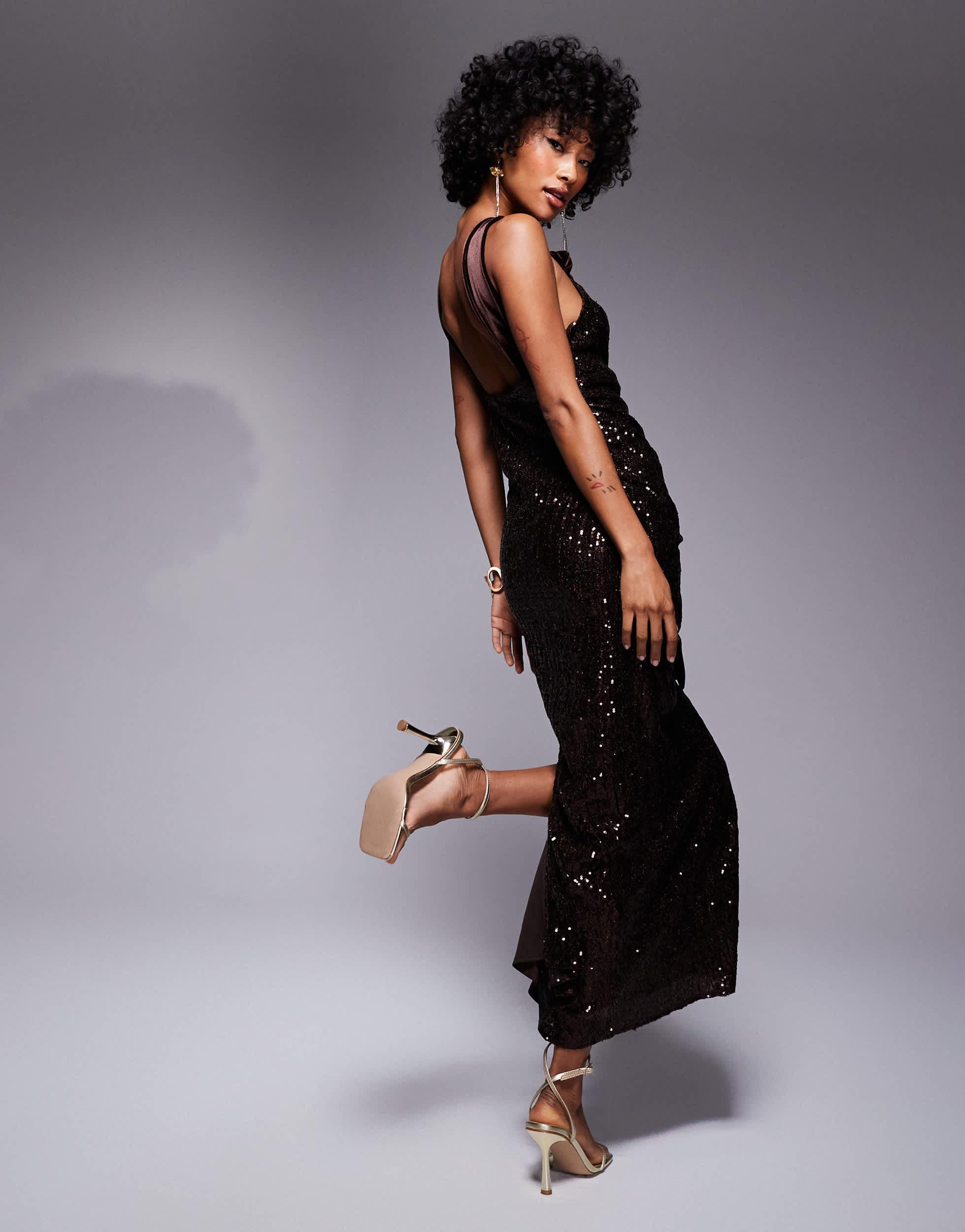 ASOS Sequin Maxi Dress With Velvet Bows in Brown | Lyst