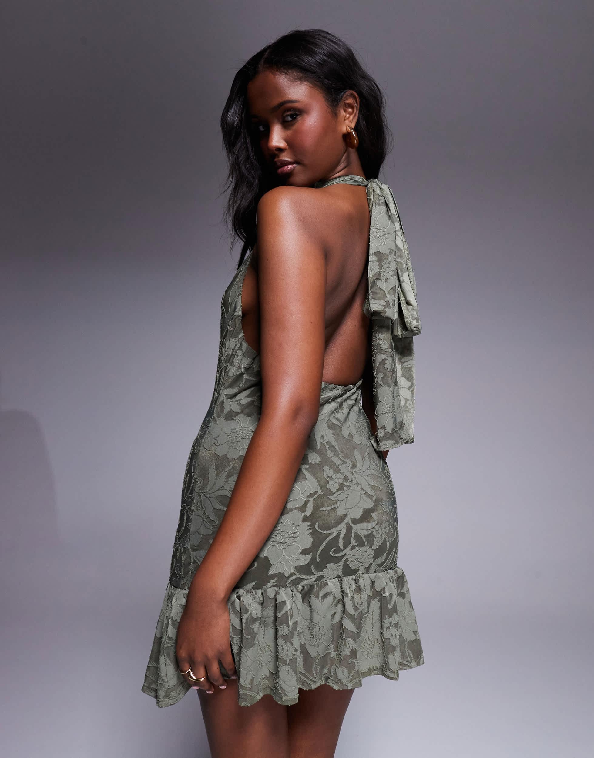 ASOS Halter Devore Mini Dress With Dropped Waist Peplum And Tie Back in  Green | Lyst
