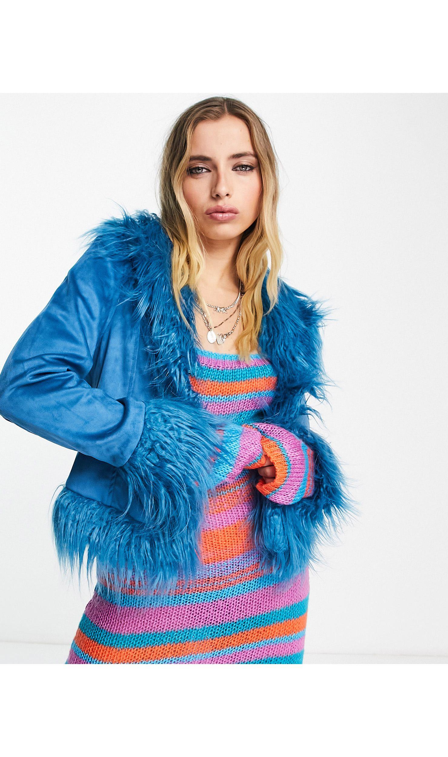 Bershka shaggy Fur Trim Detail Jacket in Blue Lyst