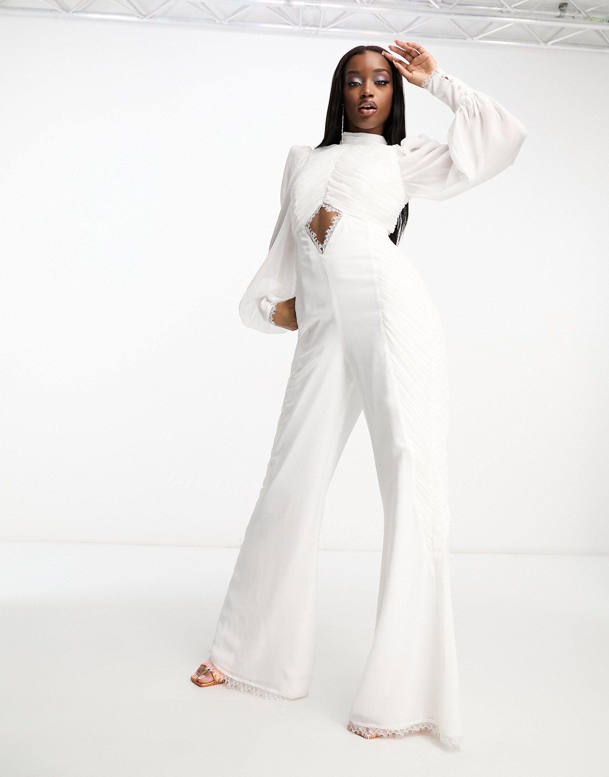 ASOS Ruched Chiffon Jumpsuit With Blouson Sleeve And Lace Detail in White |  Lyst