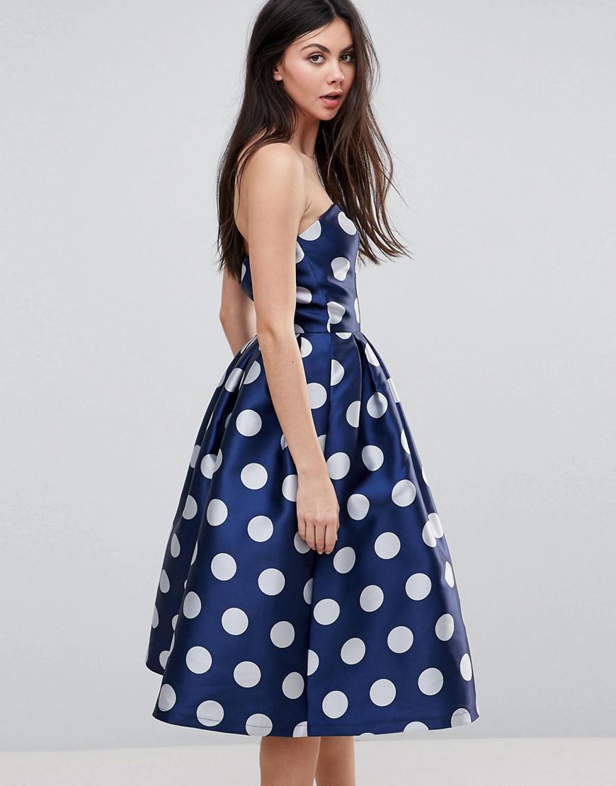 Chi Chi London Structured Bandeau Midi Dress In Polkadot in Blue | Lyst