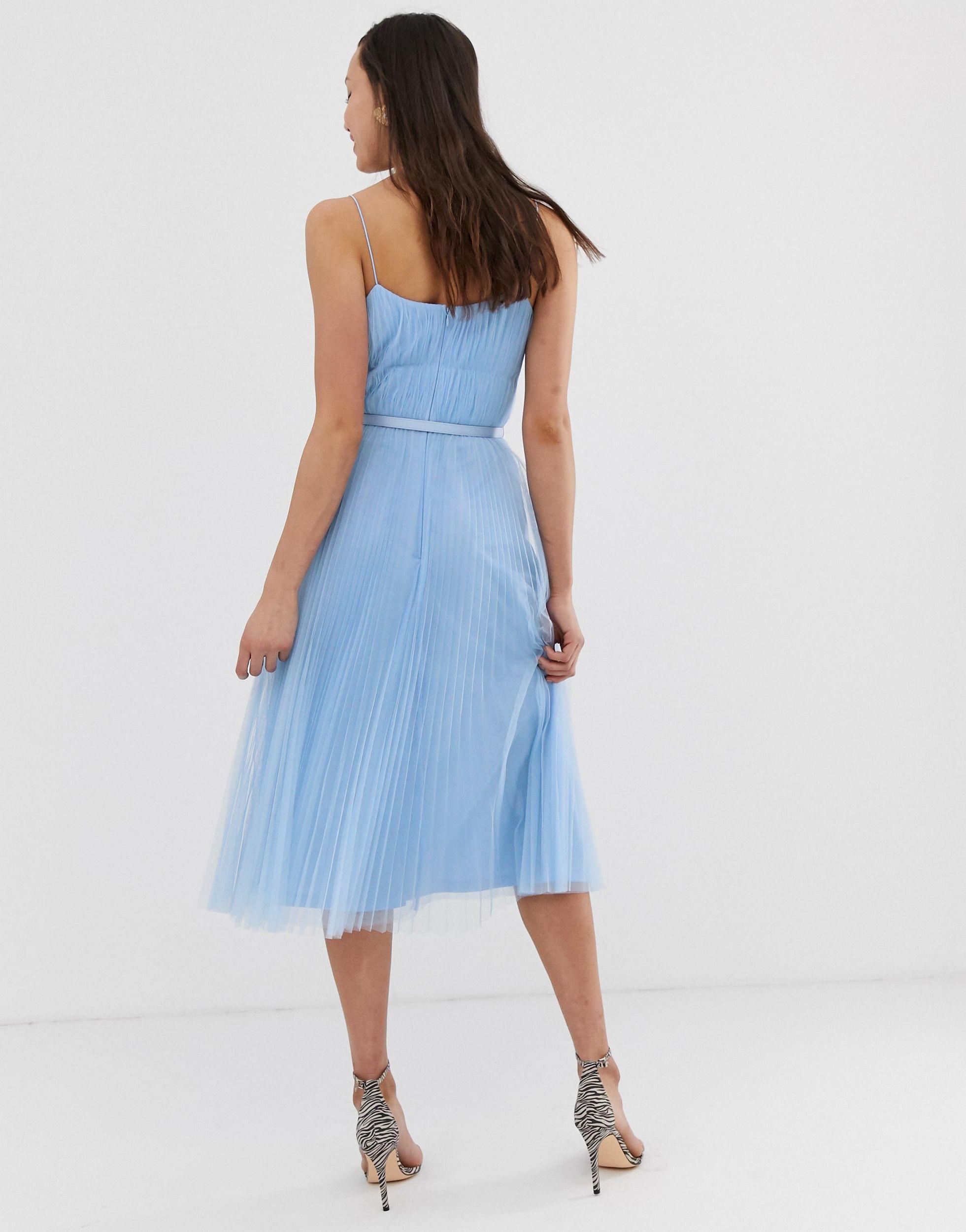 asos design belted pleated tulle cami midi dress