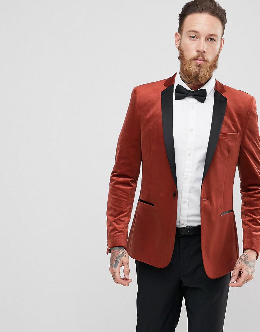 ASOS Skinny Blazer In Rust Velvet in Red for Men | Lyst