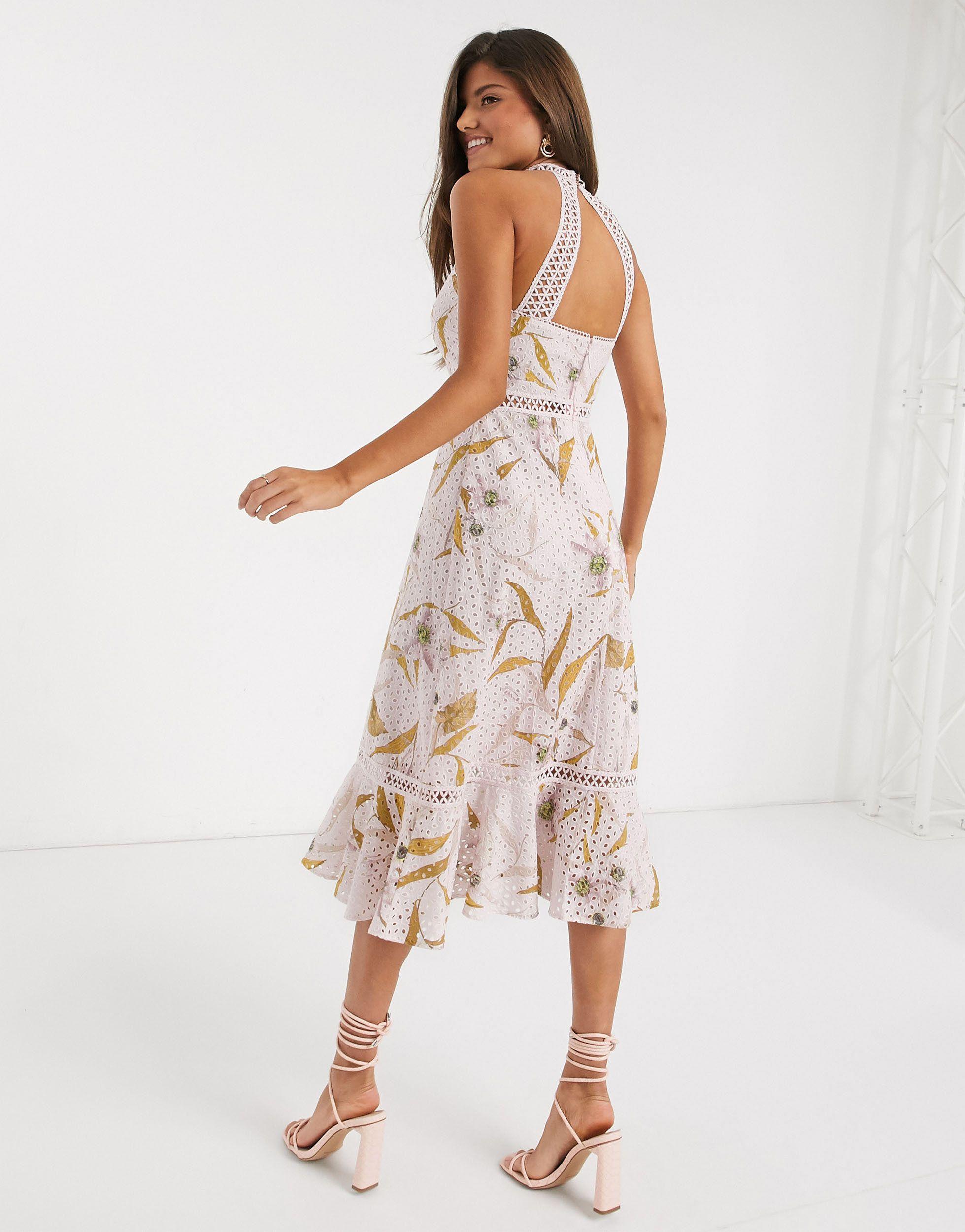 Ted Baker Floxyy Cabana Lace Detail Halterneck Midi Dress in Pink