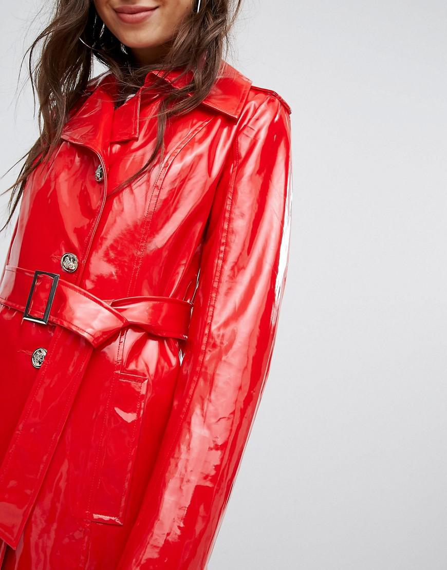 PrettyLittleThing Vinyl Trench Coat in Red | Lyst UK