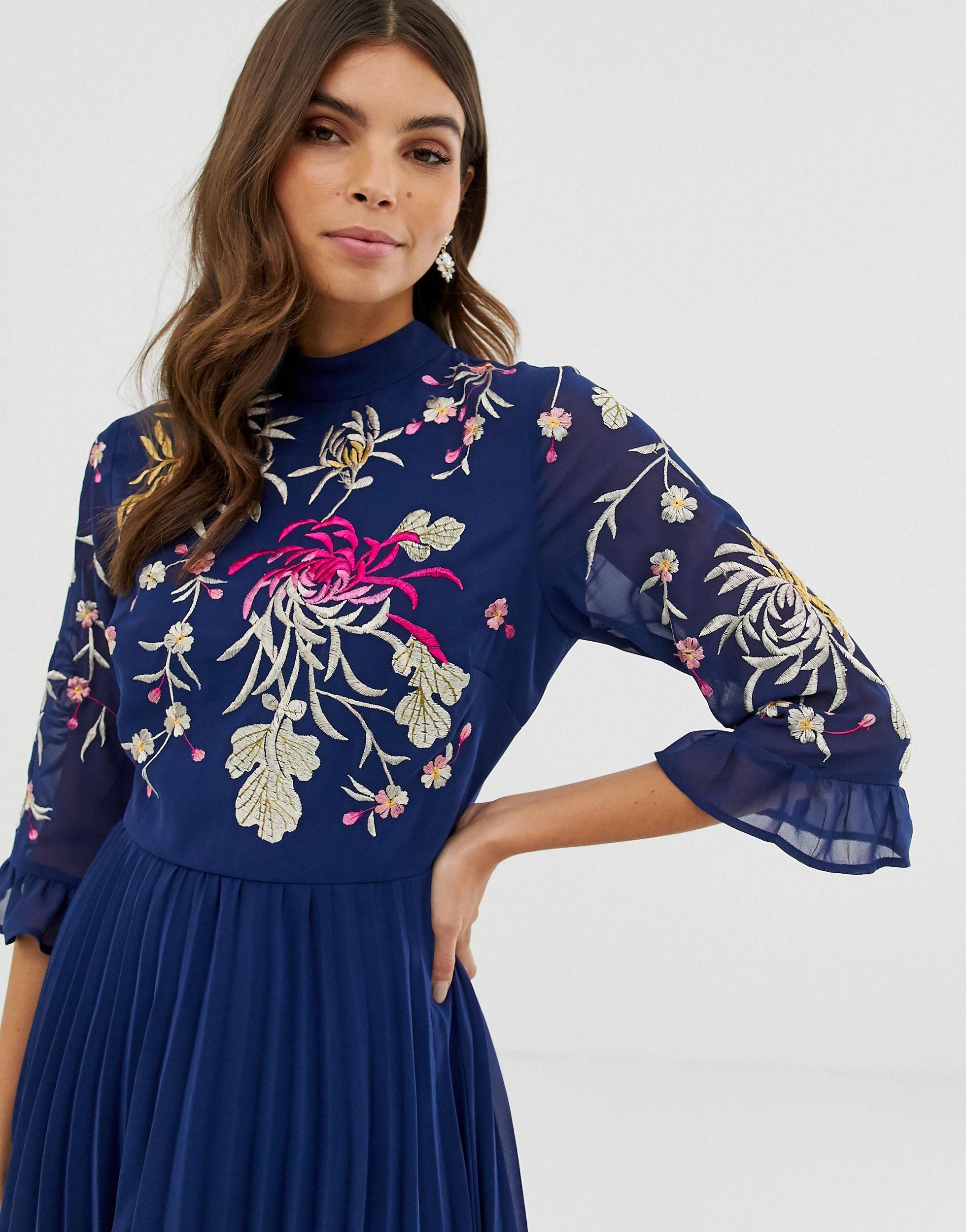 asos design embroidered pleated midi dress with fluted sleeve