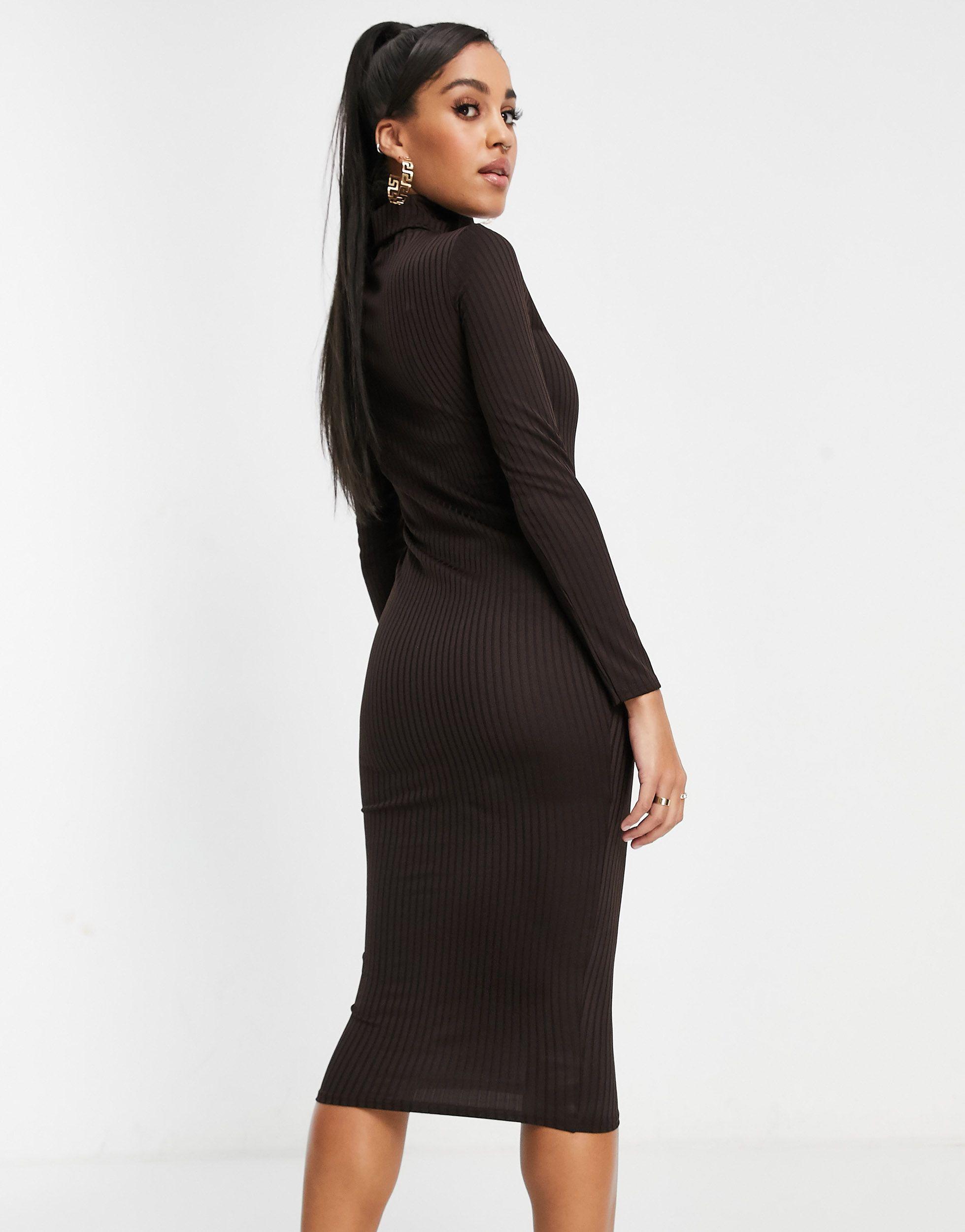 Ribbed Roll Neck Midi Dress in Brown 
