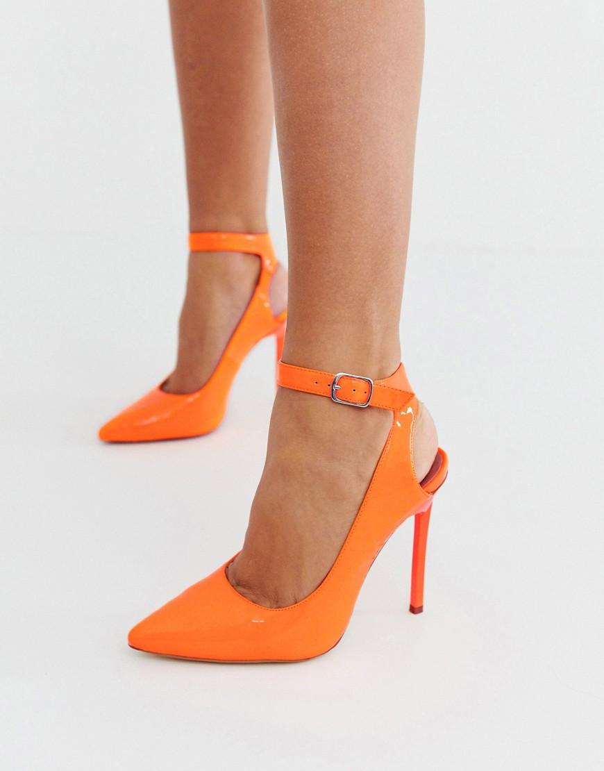 London Rebel Leather Pointed Stiletto Heels In Neon Orange - Lyst