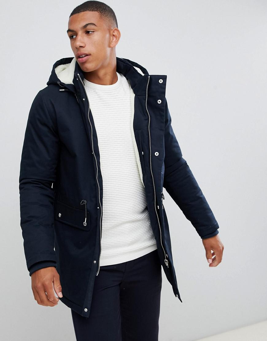 Bellfield Cotton Borg Lined Parka With Hood in Navy (Blue) for Men - Lyst
