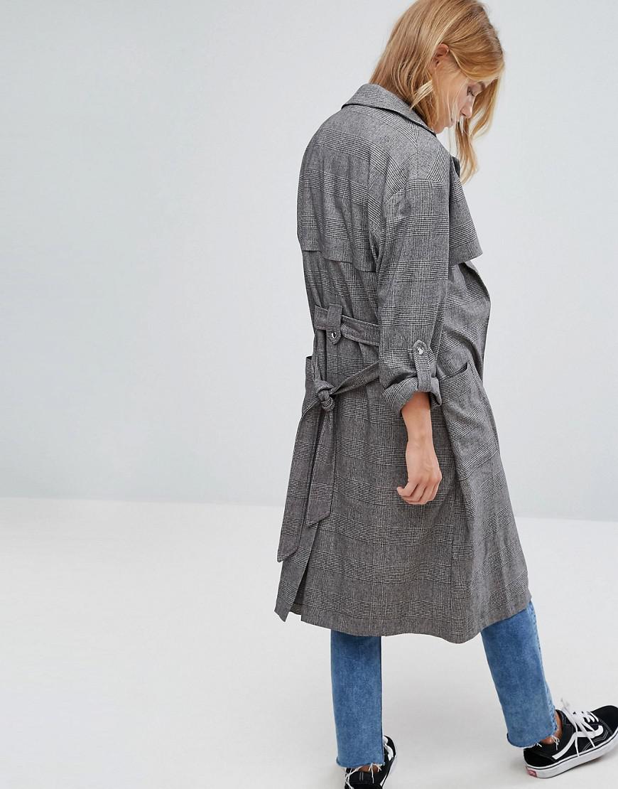 Bershka Synthetic Check Lightweight Trench Coat in Grey - Lyst