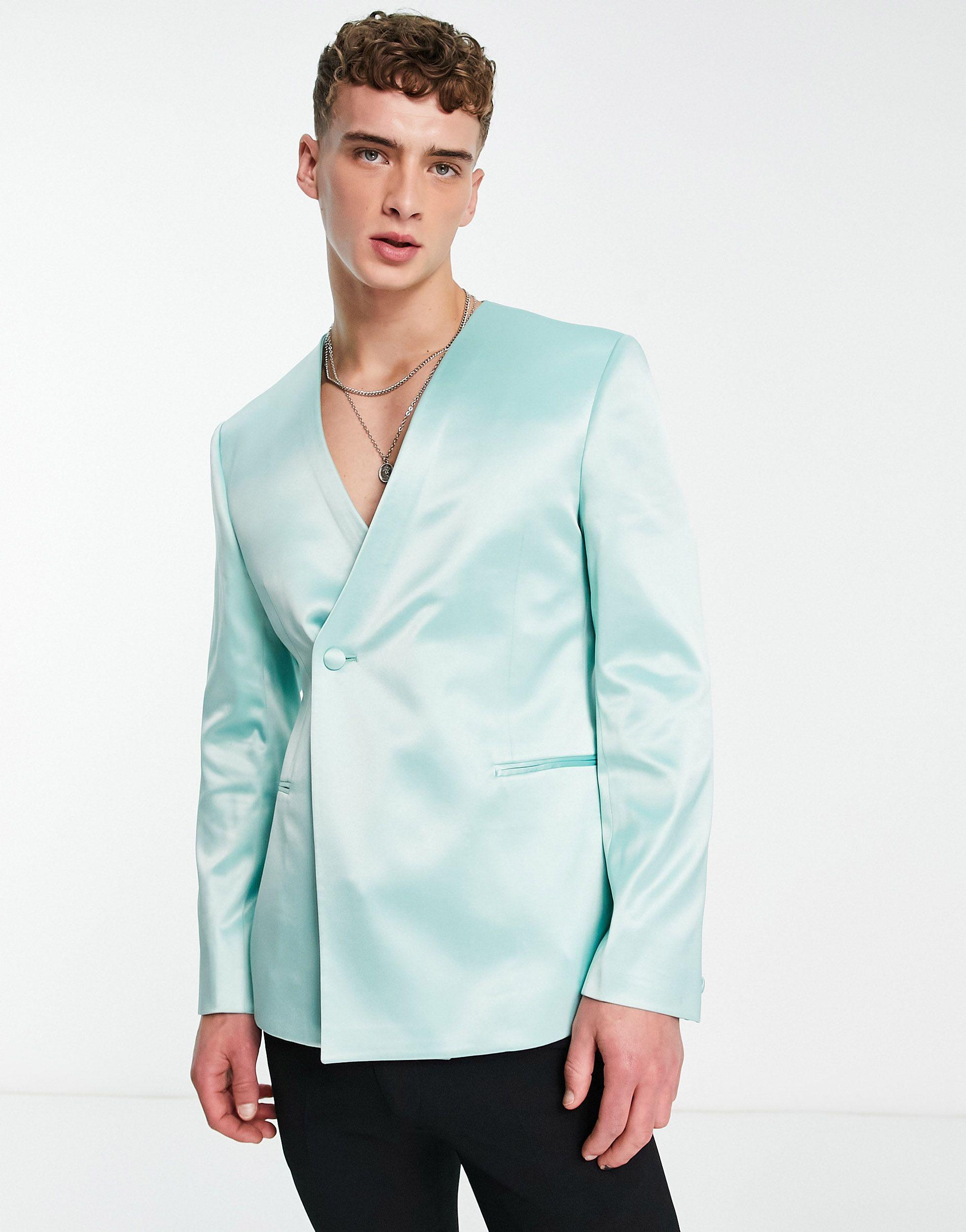 ASOS Collarless Slim Wrap Blazer in Blue for Men Lyst