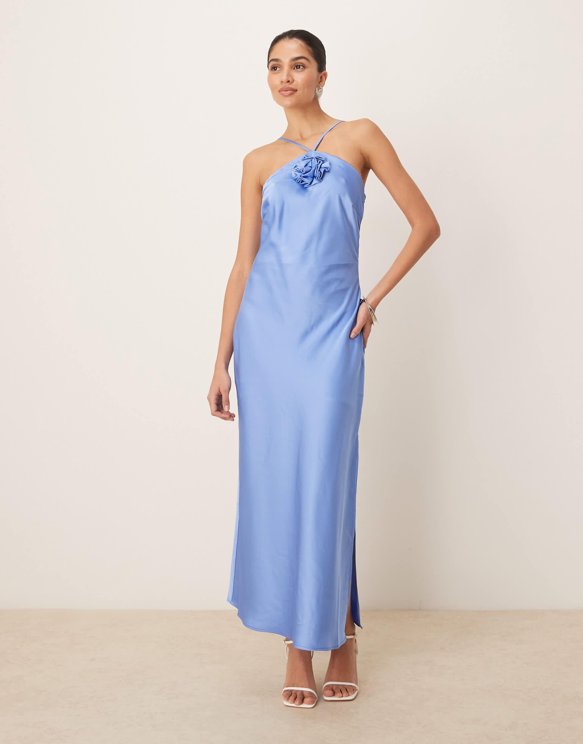 yas bridesmaid dress Y.A.S Halter Neck Satin Maxi With Corsage Detail in Blue Its polyester fabric offers holy-grail-nursing-dress-short-sleeve-lilac Fashion Nova Velvet Maxi Size:L (16-16.5 34/35)