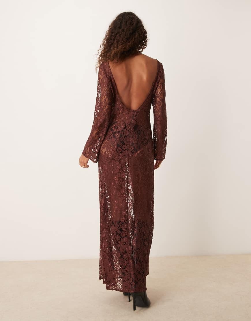 ASOS Lace Angel Sleeve Maxi Dress in Brown | Lyst UK