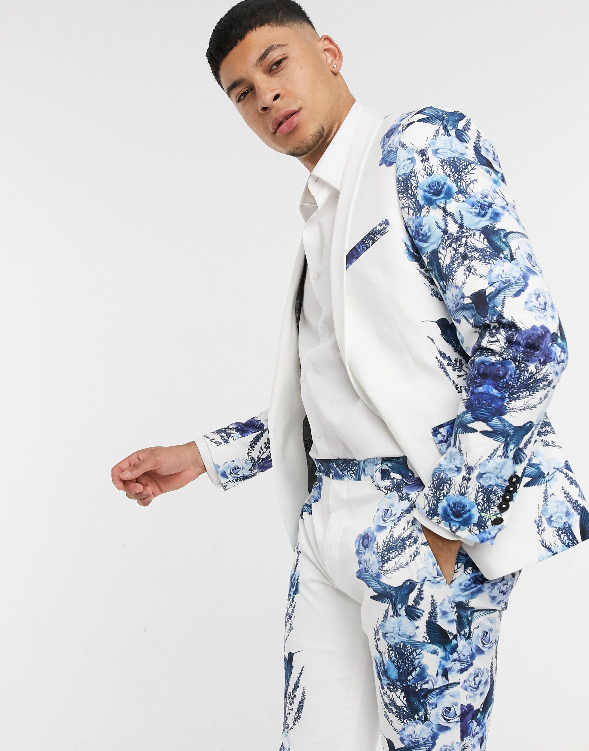 Twisted Tailor Suit Jacket With Mirrored Blue Floral Print in White for ...