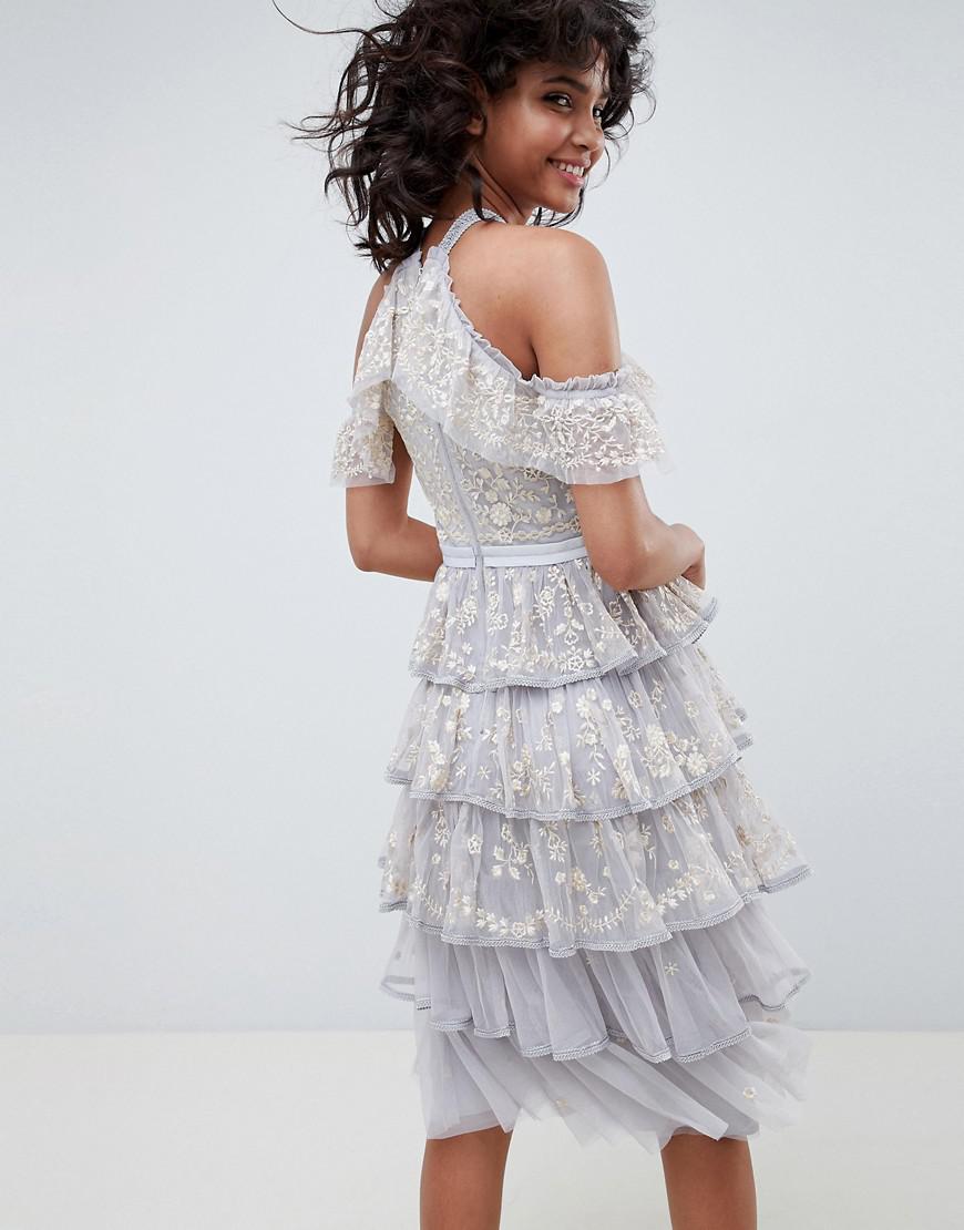 needle & thread embroidered prom midi dress in vintage blue