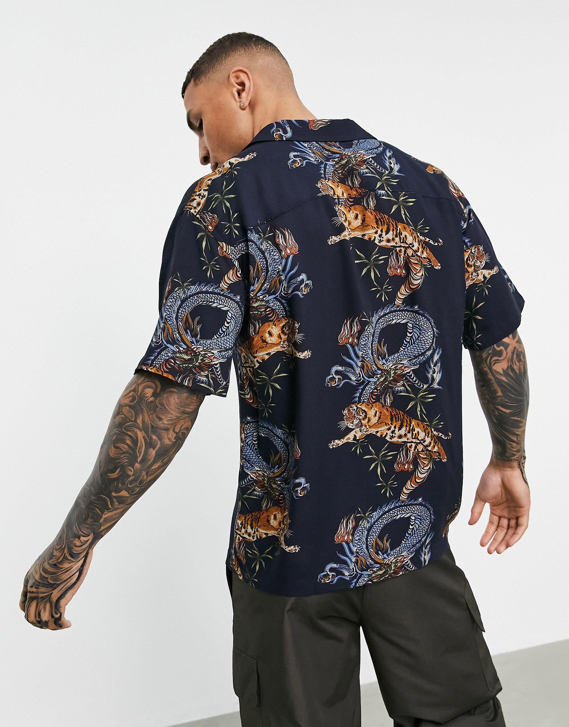 Pull Bear Overhemd Met Tijgerprint in het Zwart voor heren Lyst NL