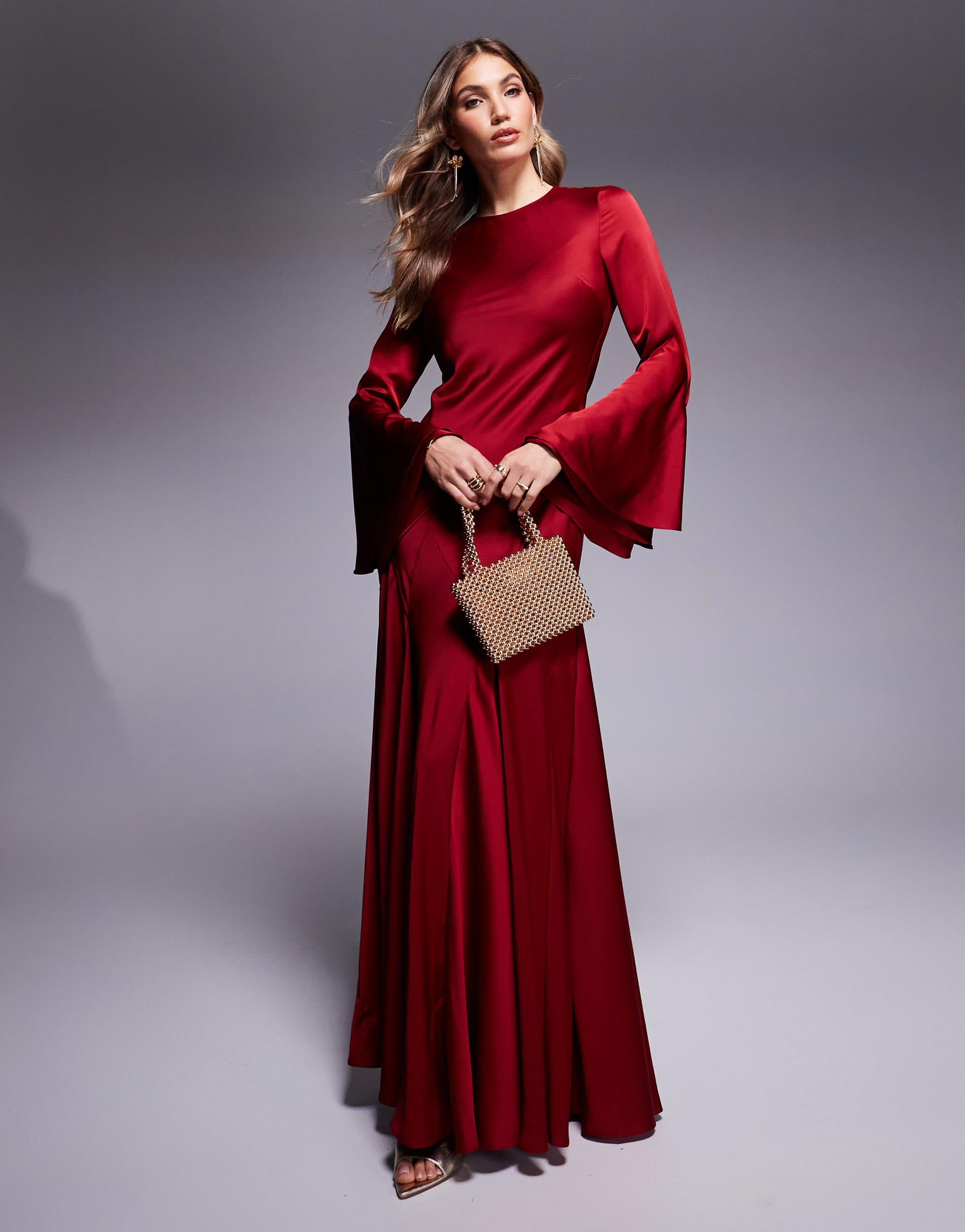 asos red evening dress ASOS Long Sleeve Satin Maxi Dress With Full Skirt And Godets in Red