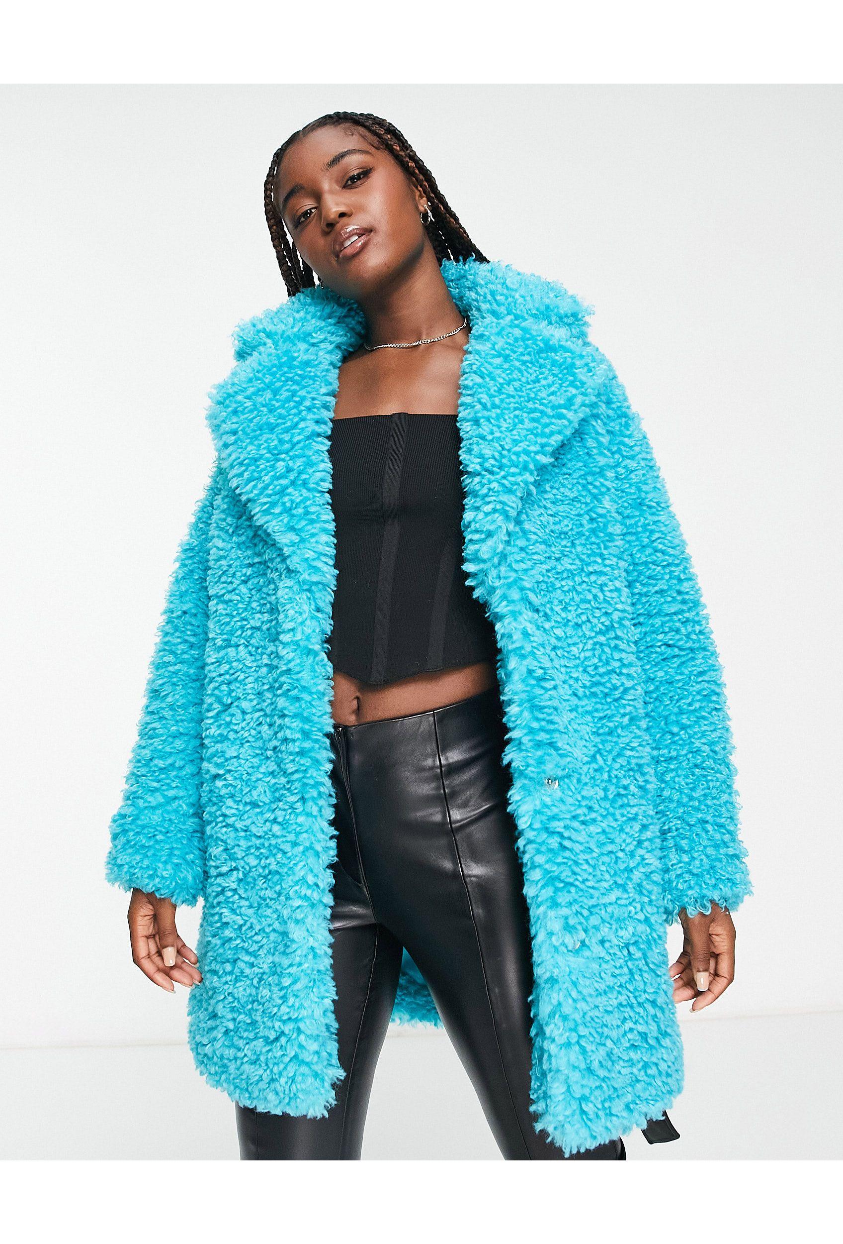 Miss Selfridge Fluffy Teddy Faux Leather Wrap Coat in Blue | Lyst UK