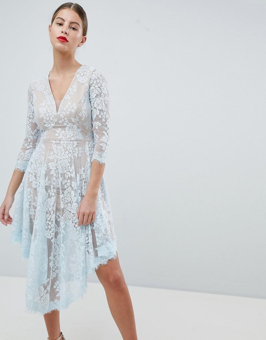 navy lace dip hem dress