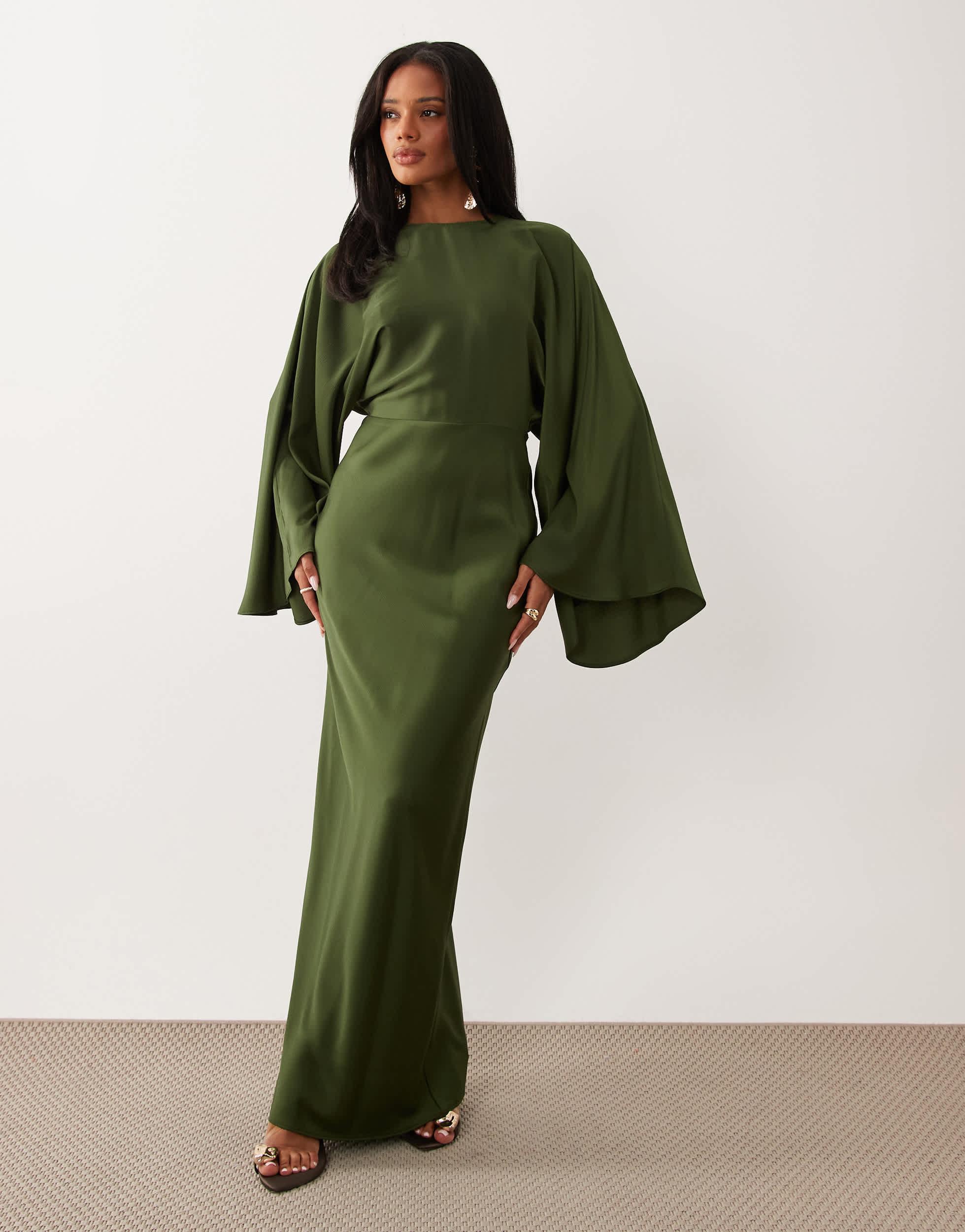 asos design maxi dress batwing sleeve bias cut ASOS DESIGN satin batwing bias cut maxi dress in brown