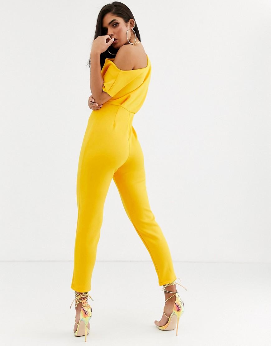 Asos Synthetic Scuba One Shoulder Jumpsuit With Tuck Detail In Yellow Lyst