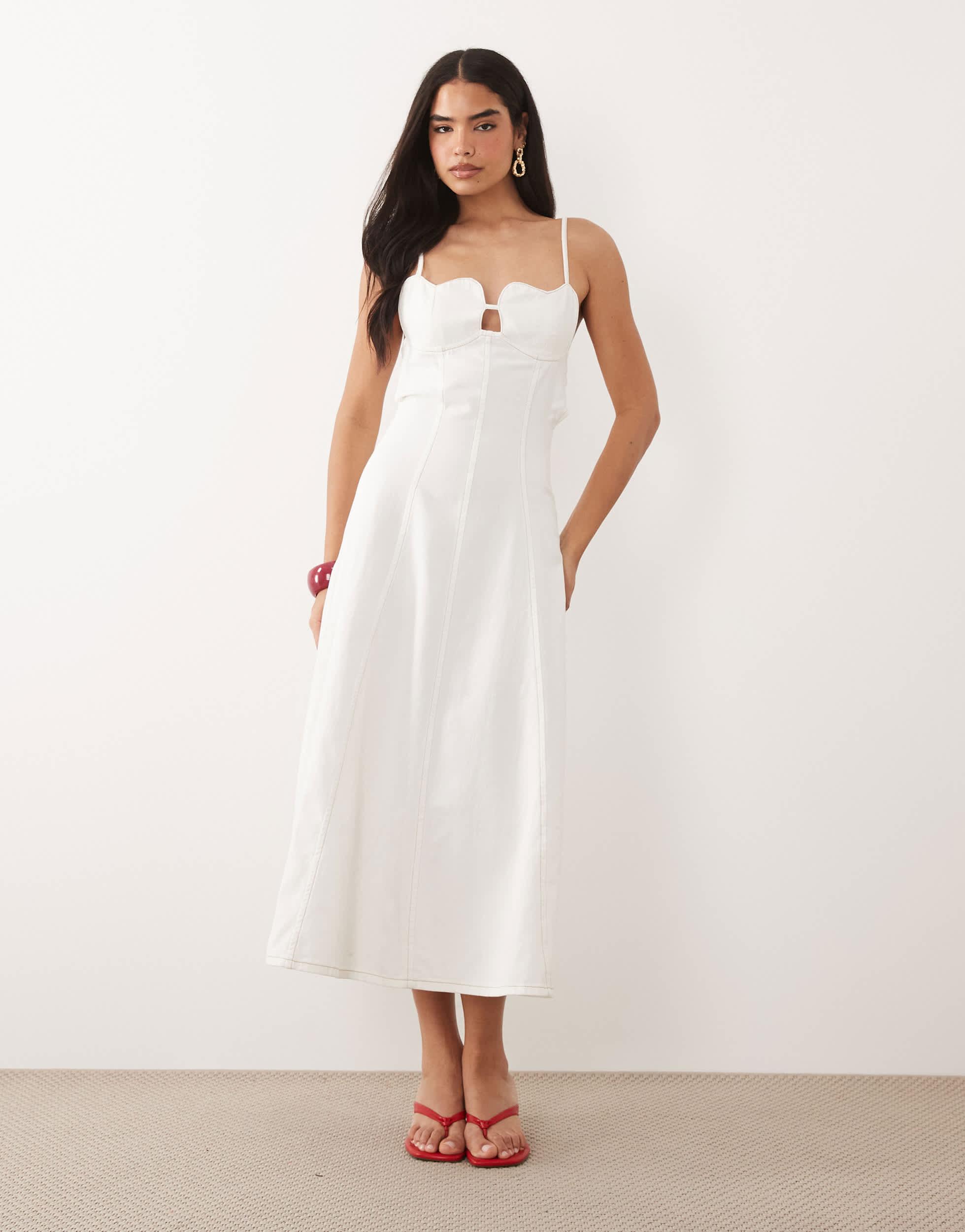 ASOS Denim Midi Dress With Heart Bust Detail in White