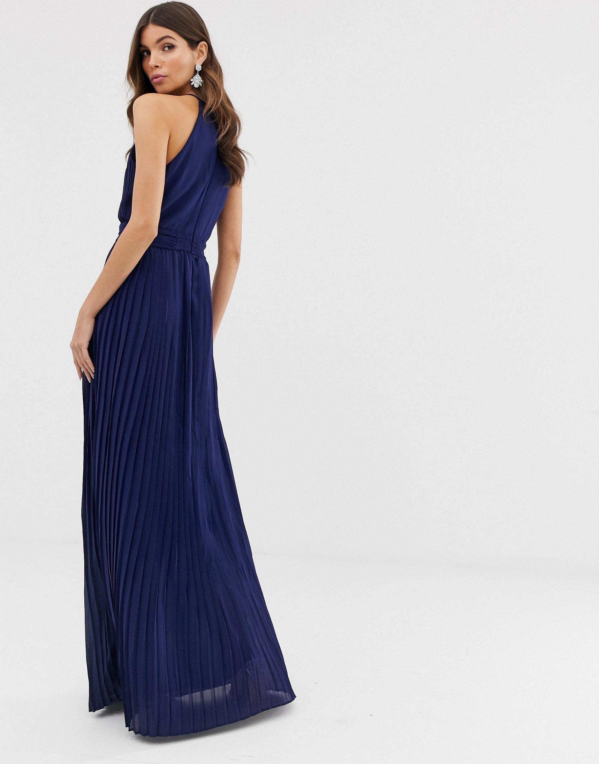 TFNC London Bridesmaid Exclusive High Neck Pleated Maxi Dress in Blue | Lyst