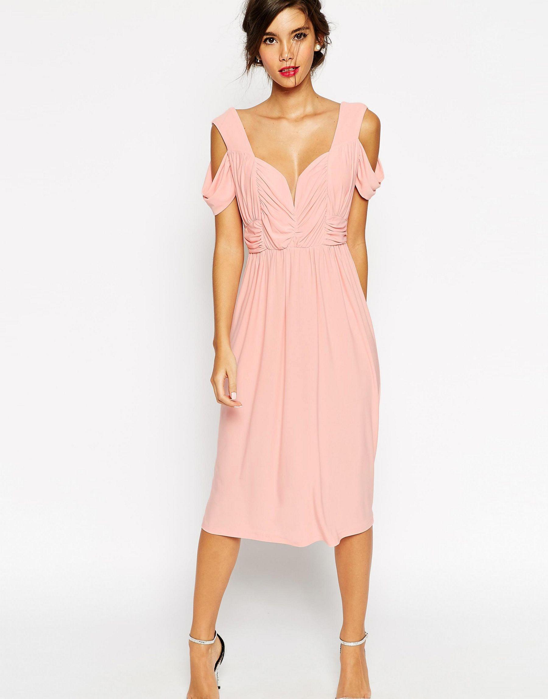 Asos Wedding Cold Shoulder Ruched Midi Dress - Blush in Pink | Lyst