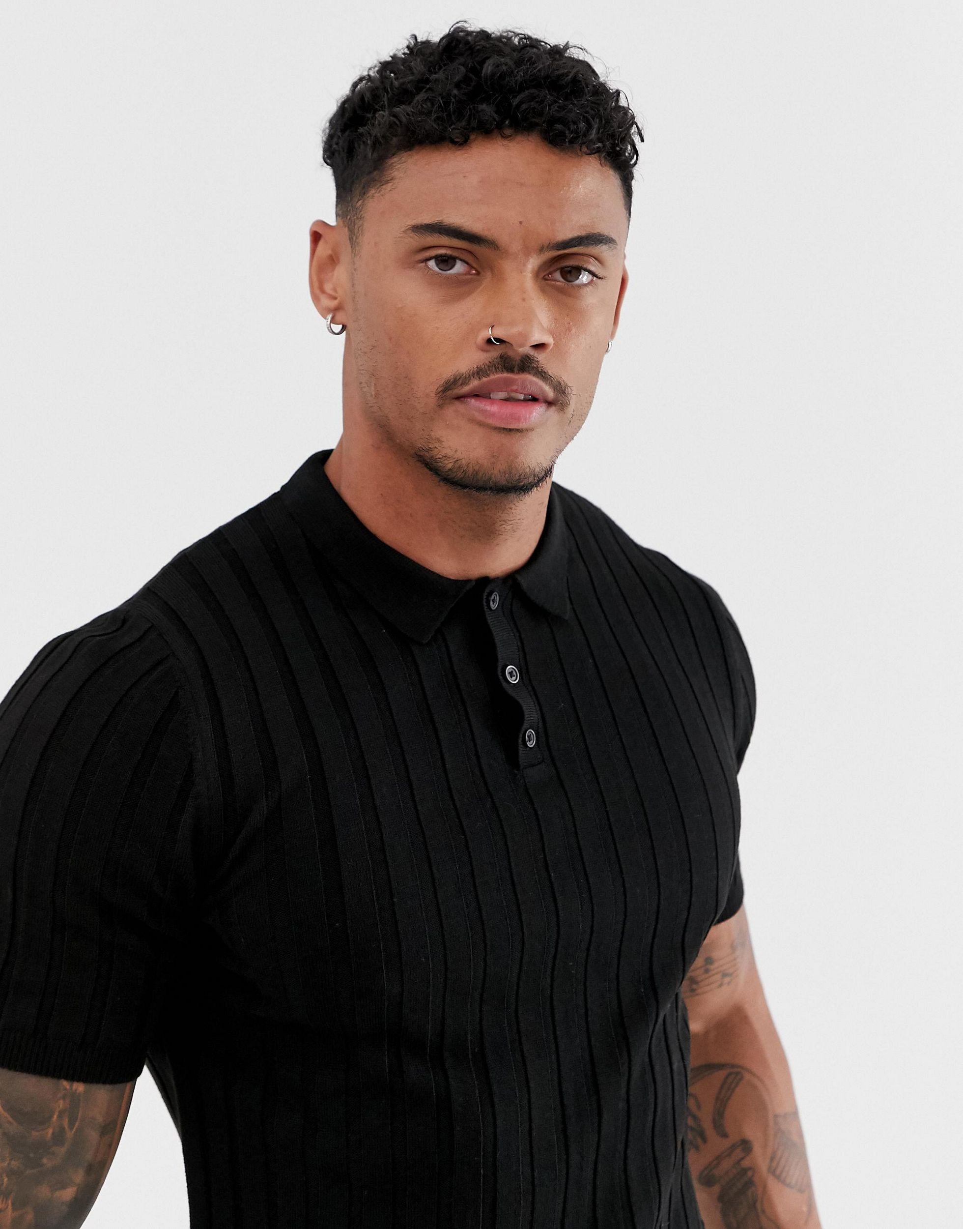 ASOS Knitted Ribbed Polo Shirt in Black for Men | Lyst