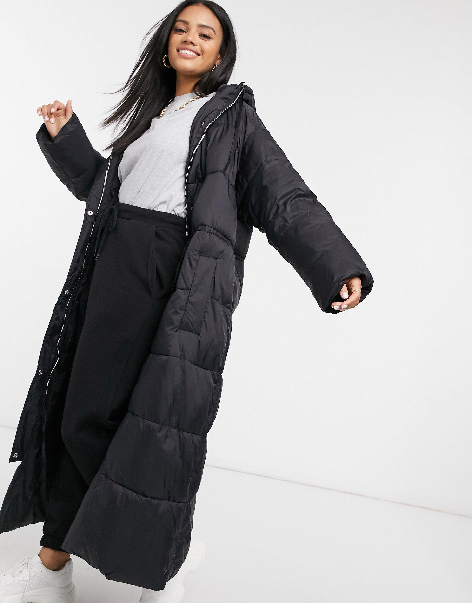 ASOS Tie Waist Longline Puffer Coat in Black - Lyst