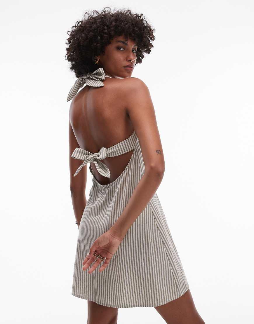 Vestido Playero Corto A Rayas Verde Con Cuello Halter Valley De