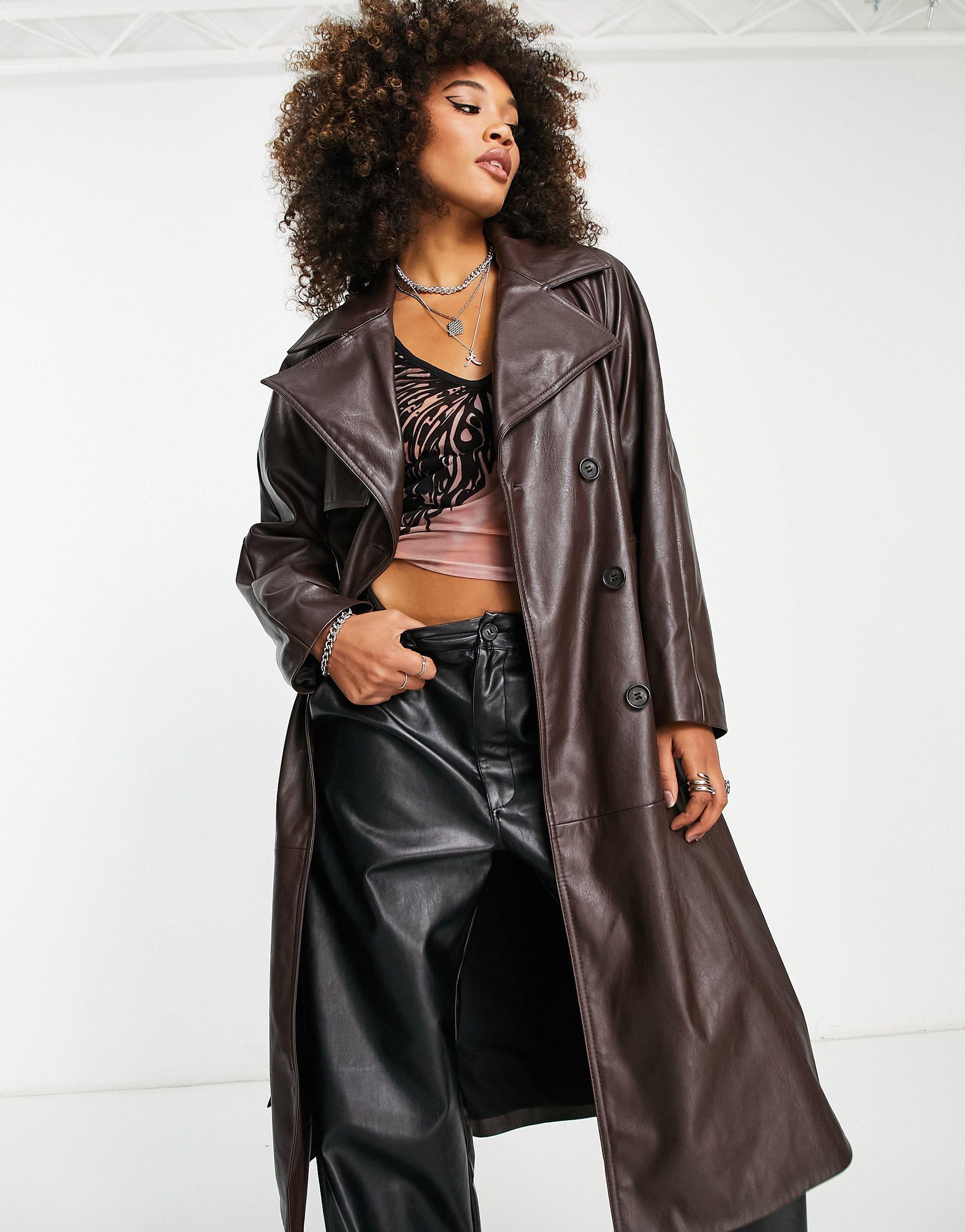 Bershka Faux Leather Trench Coat in Brown | Lyst Canada