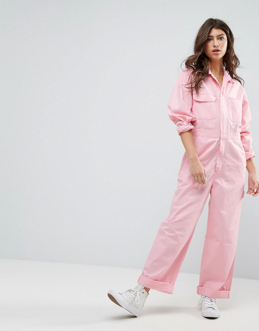 ASOS Cotton Twill Boilersuit in Pink - Lyst
