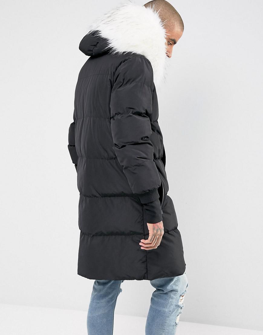 longline puffer jacket fur hood