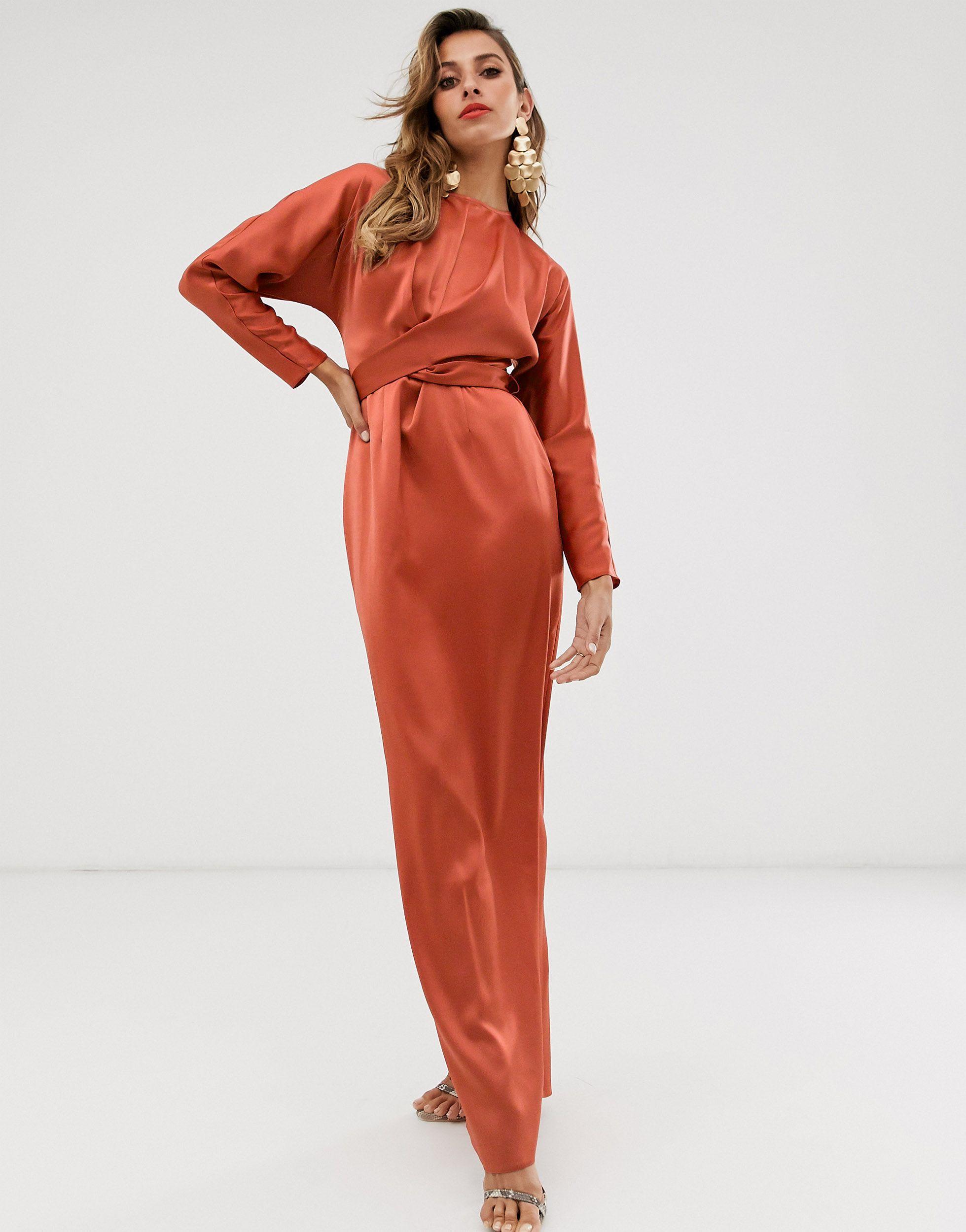 Honger Reserve Aan ASOS Maxi Dress With Batwing Sleeve And Wrap Waist In Satin in Red | Lyst