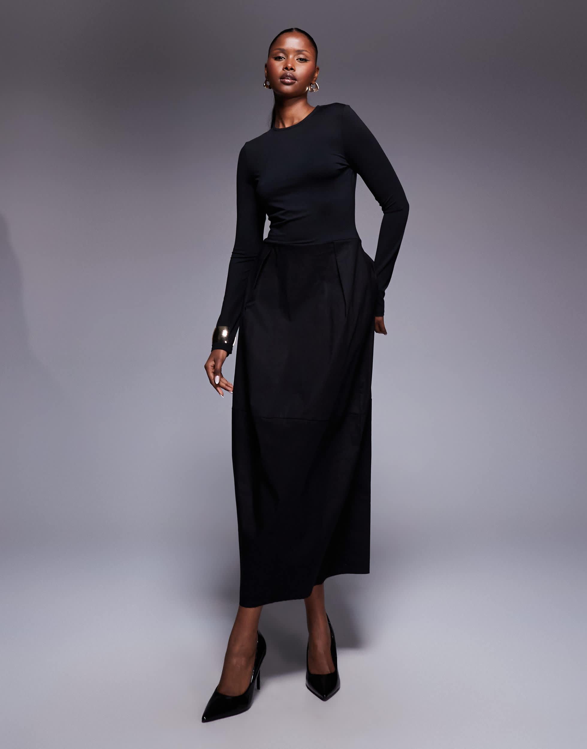 asos black midi dress long sleeve ASOS DESIGN square neck softline long sleeve midi dress in black