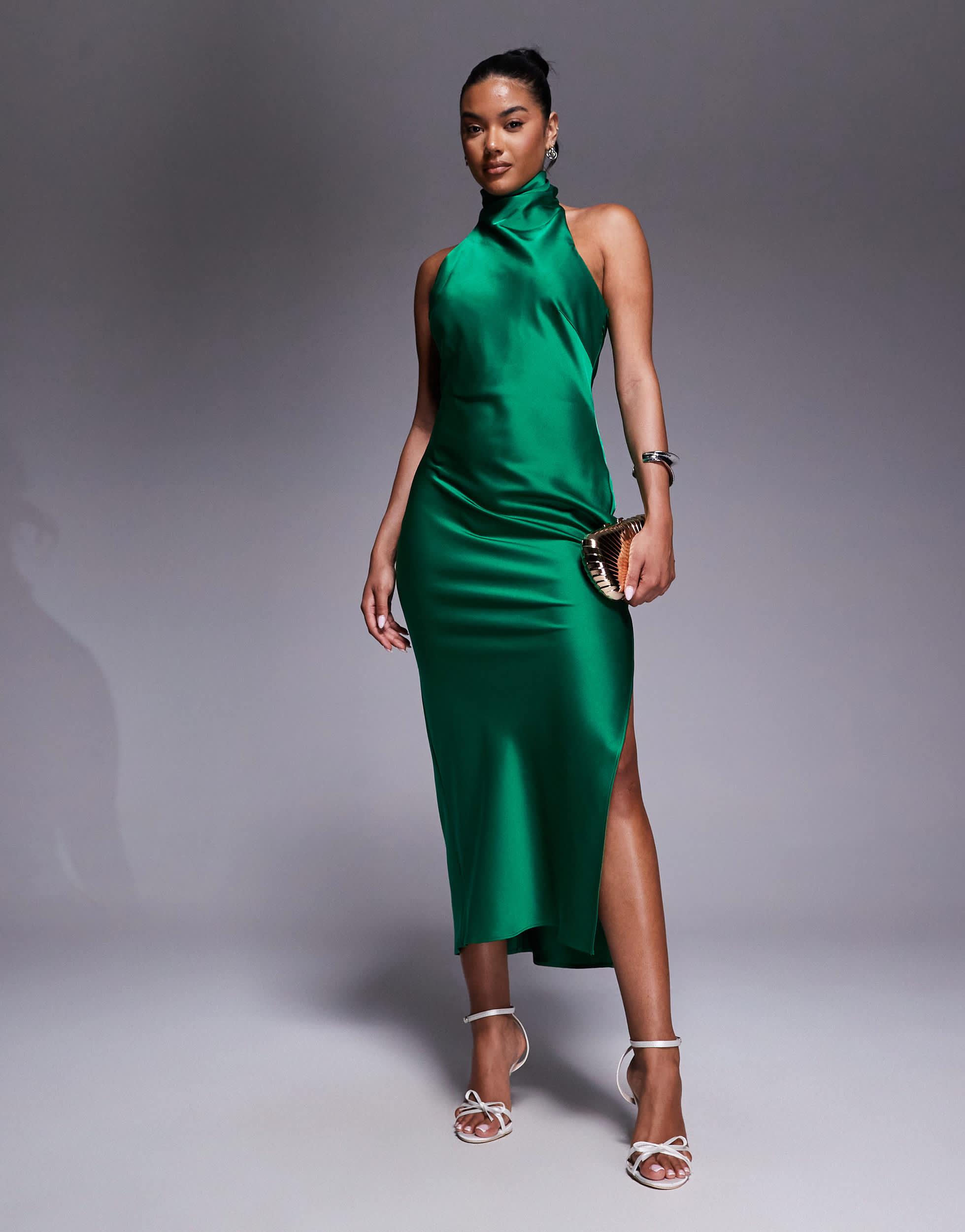 green emerald velvet dress Olive Green Bow Back Halter Neck Dress main image 1