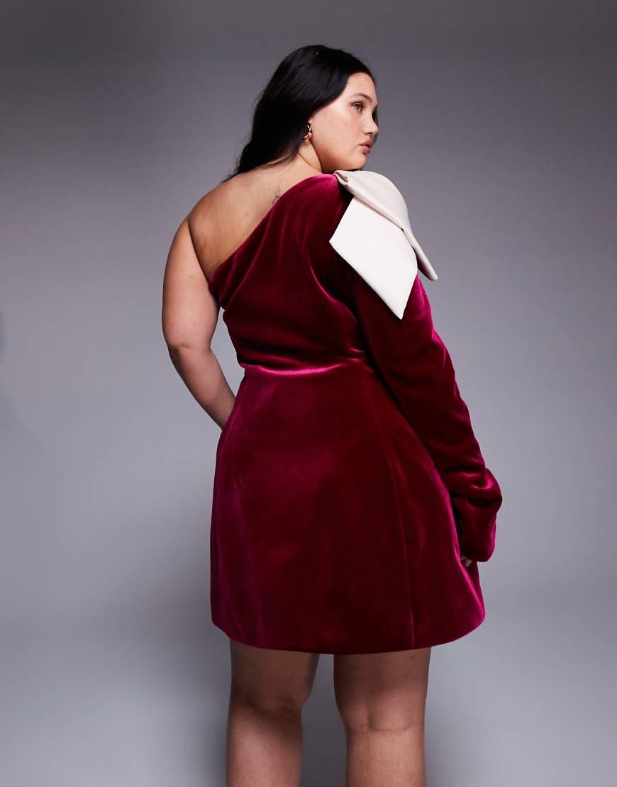 ASOS Curve One Shoulder Velvet Mini Dress With Bow Detail in Red