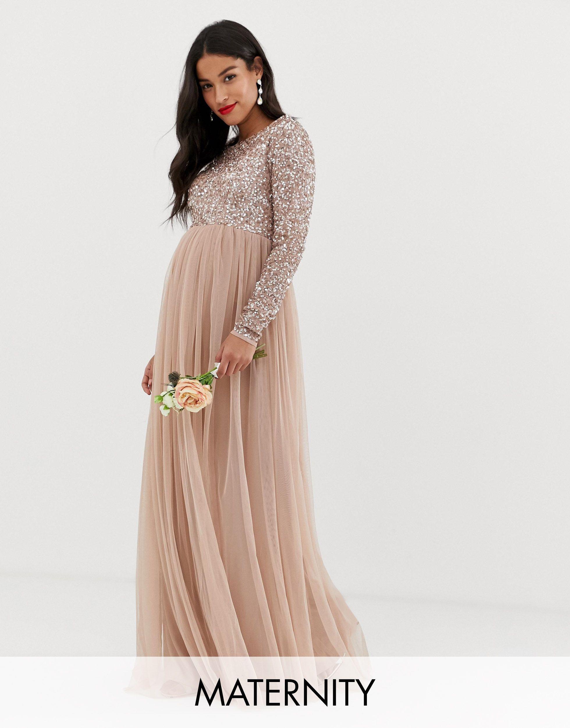 Maya Maternity Bridesmaid Long Sleeved Maxi Dress With Delicate Sequin And  Tulle Skirt | Lyst