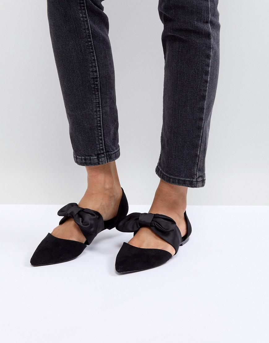 Bershka Satin Bow Tie Pointed Flat Shoe in Black - Lyst