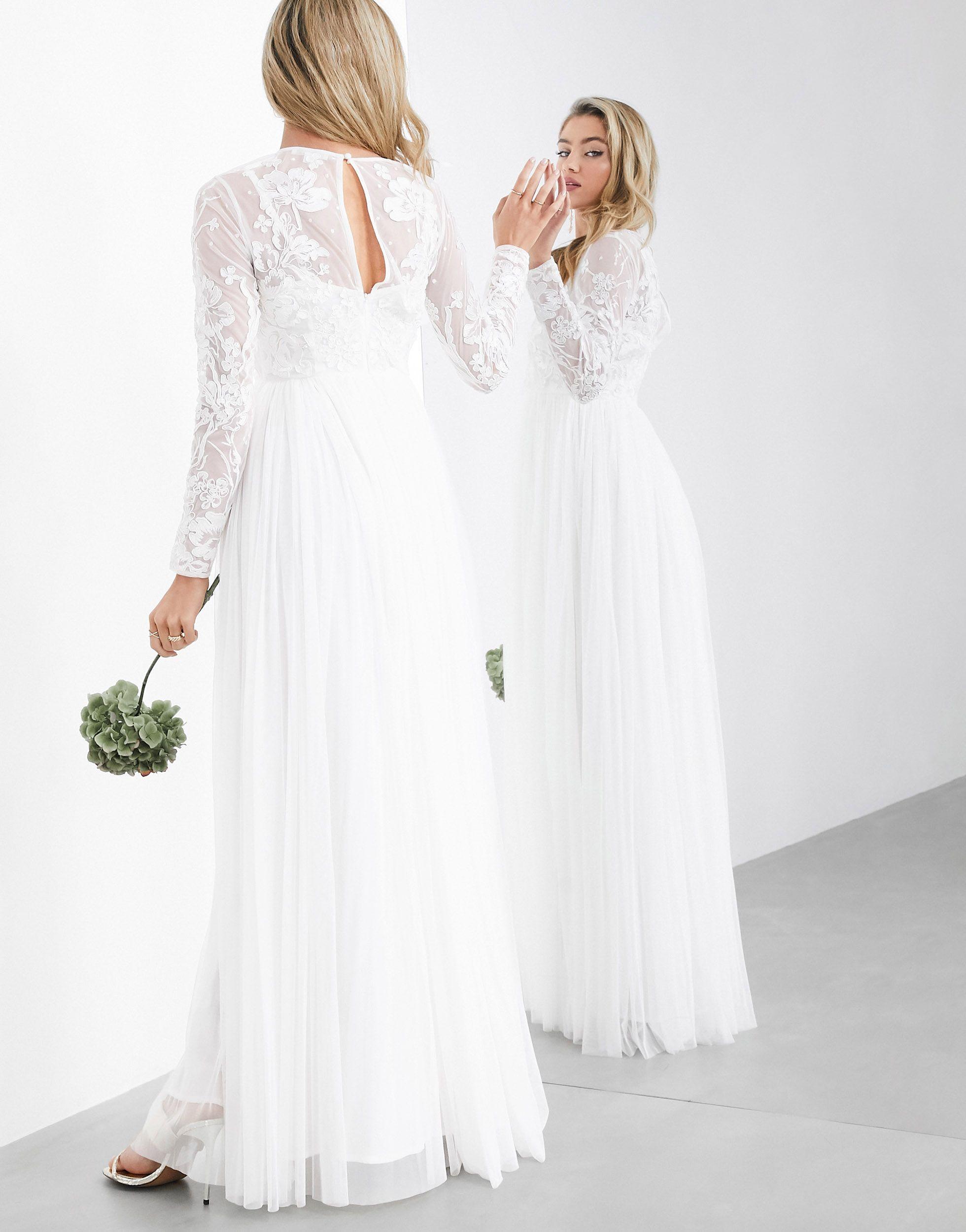 asos edition long sleeve lace bodice maxi wedding dress with pleated skirt