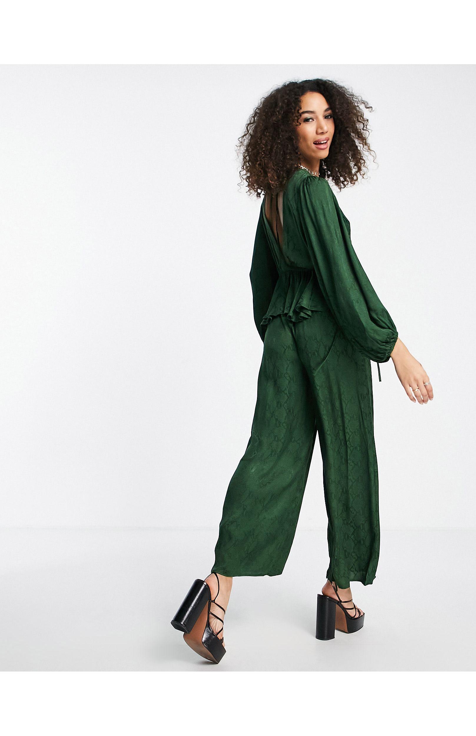 TOPSHOP Snake Jacquard Ruched Waist Jumpsuit in Green | Lyst