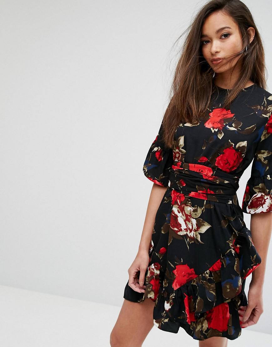 PrettyLittleThing Synthetic Floral Frill Mini Dress in Black | Lyst