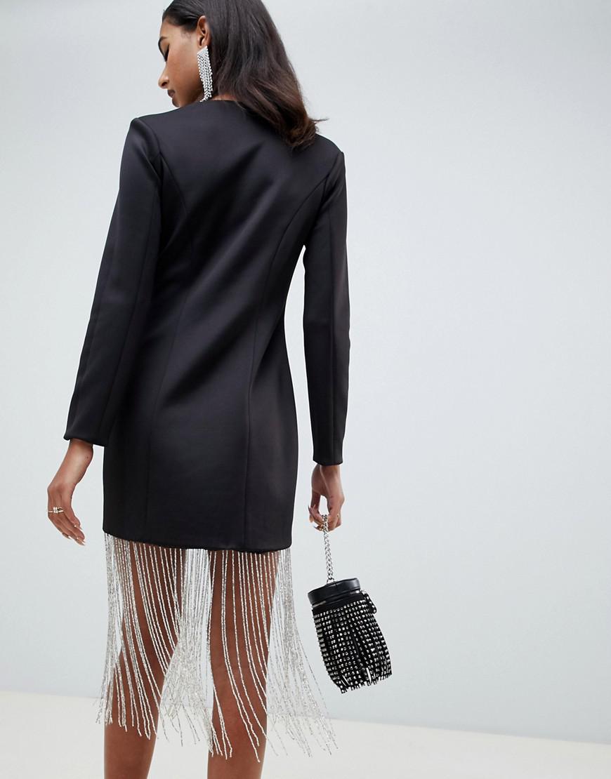 ASOS Tux Mini Shift Dress With Rhinestone Fringe in Black | Lyst