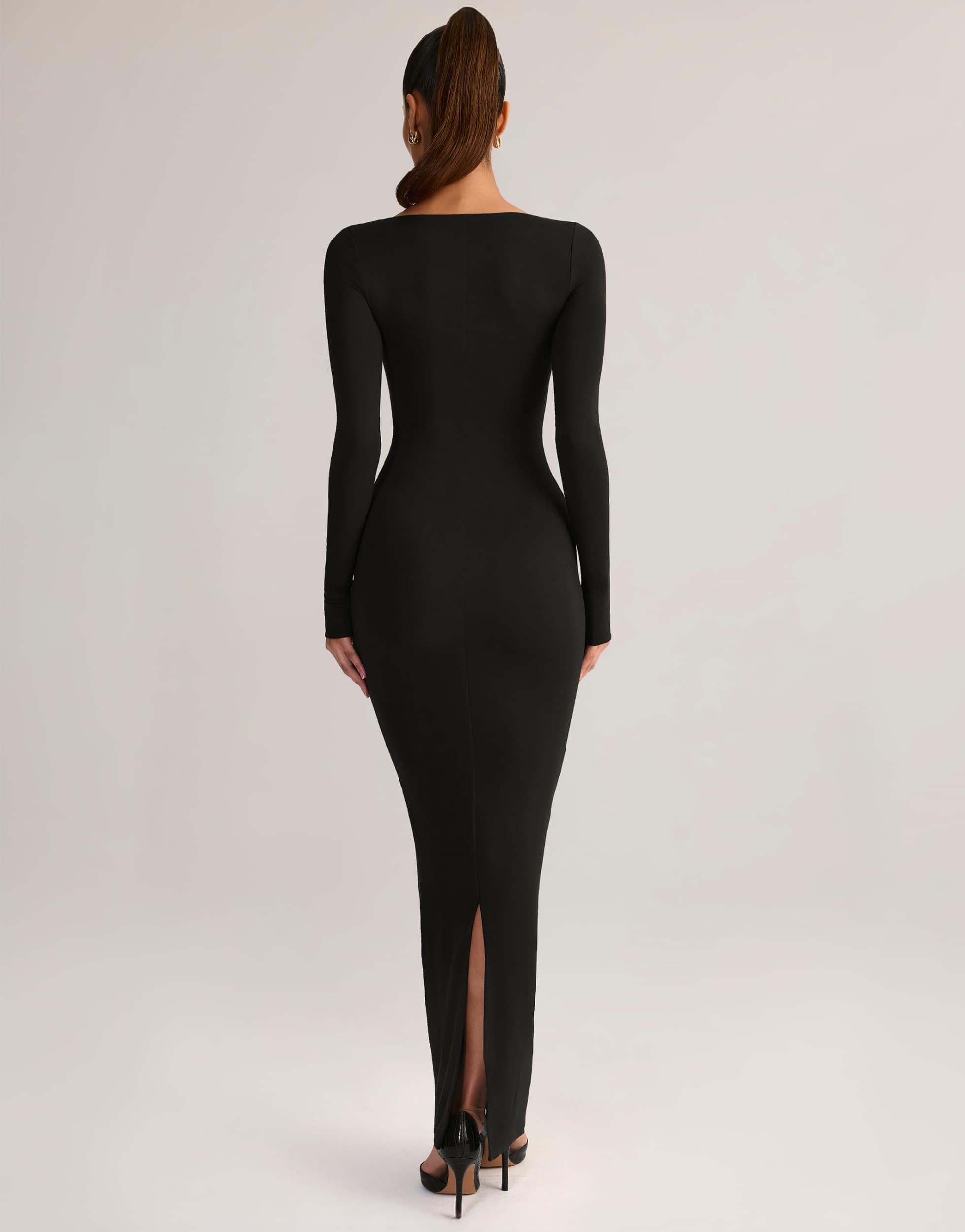 Oh Polly Lux Modal Square Neck Long Sleeve Maxi Dress in Black | Lyst