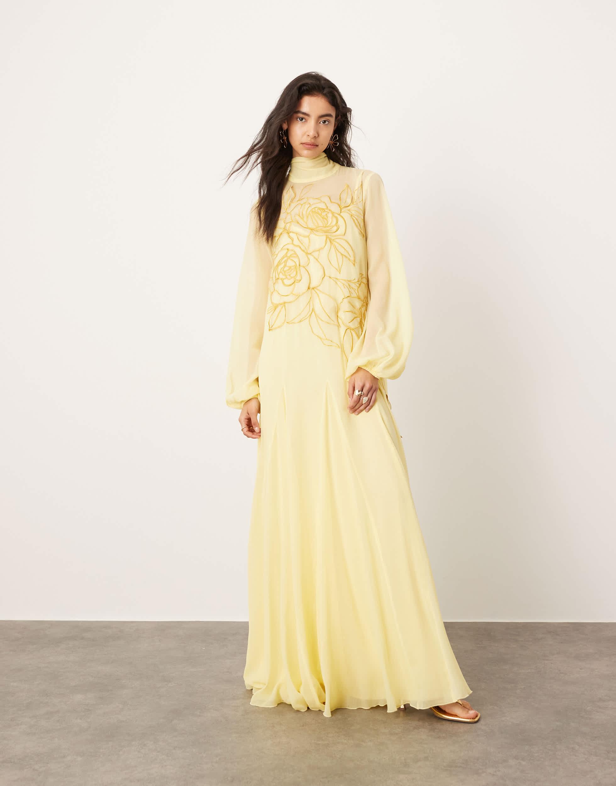 ASOS Applique Floral Tie Neck Blouson Sleeve Trapeze Maxi Dress in Natural  | Lyst