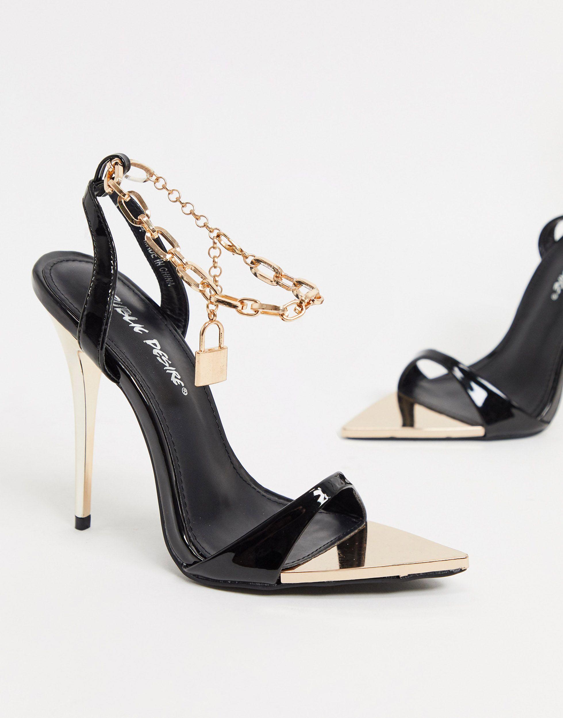 public desire wide fit triumph heeled sandals with padlock anklet in black