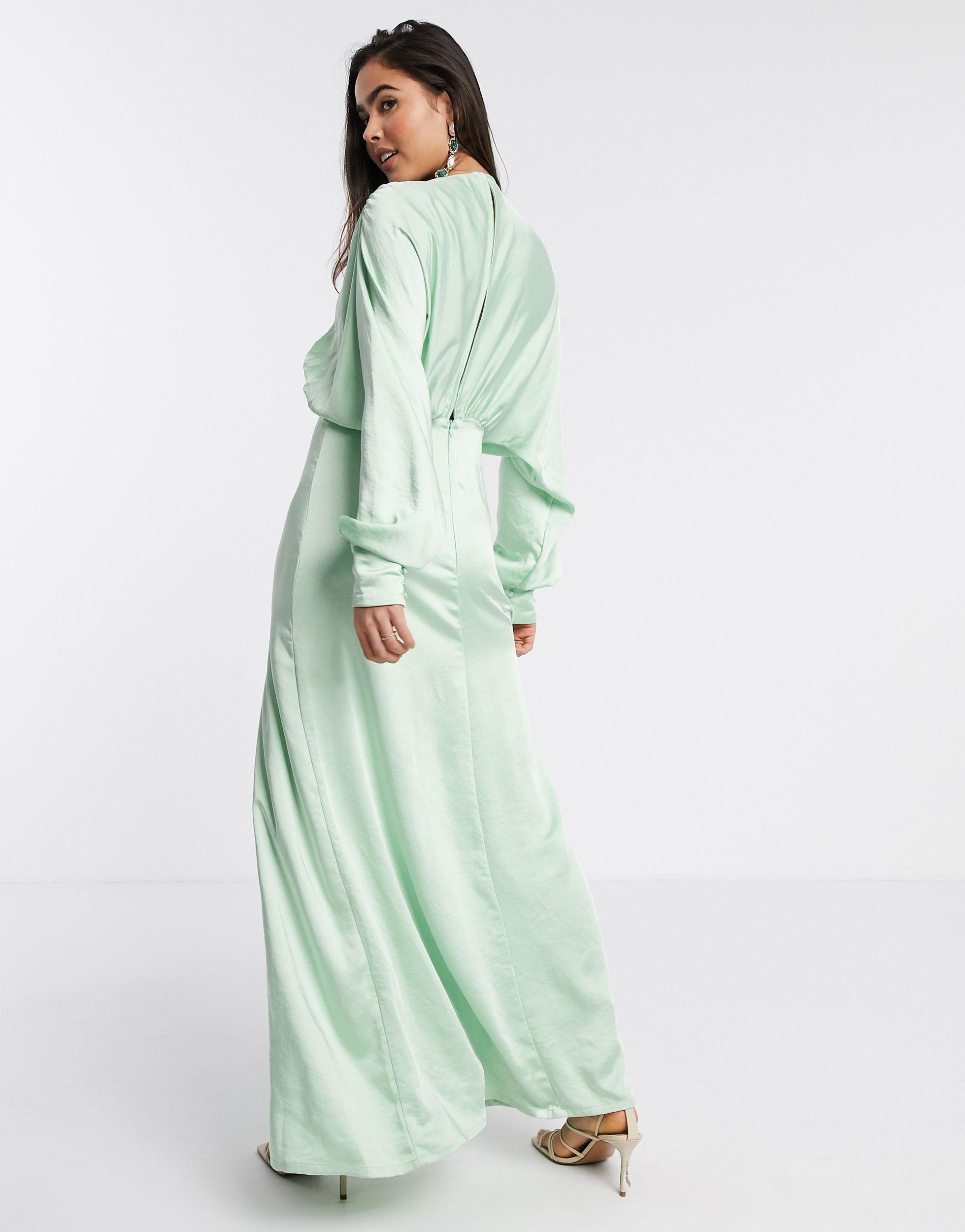 Lange Satijnen Jurk in het Groen Lyst NL